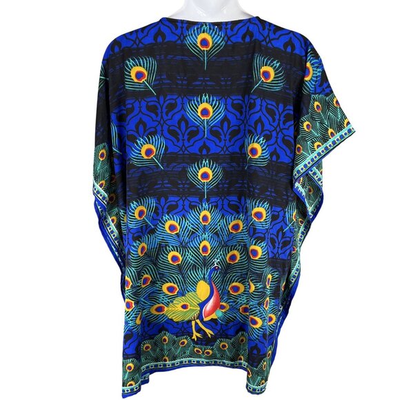 Jovie One Size Peacock Floral Kaftan Long Dress Pockets Vibrant Multicolor Boho - Picture 2 of 14